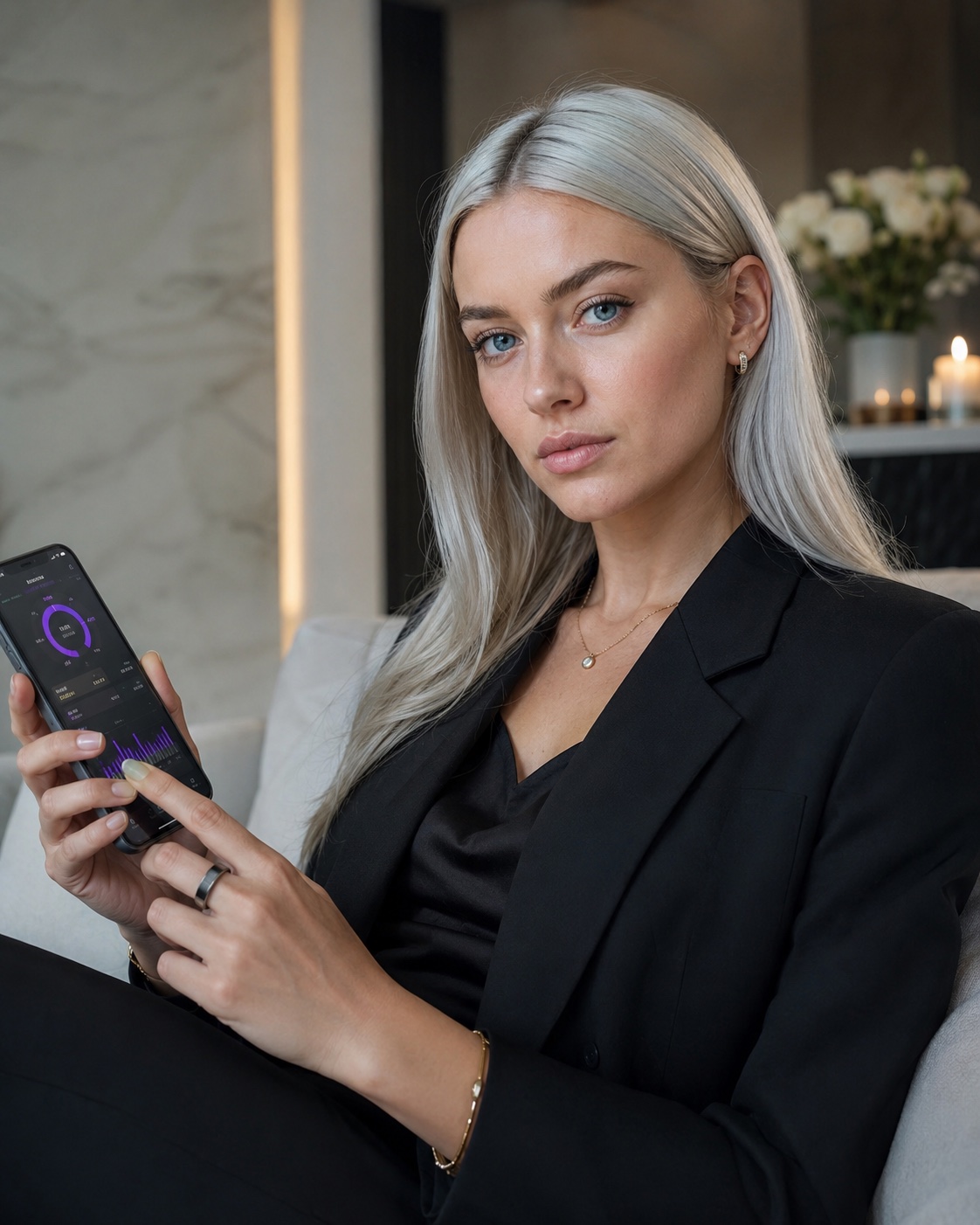 BioRing Horizon próximo ao smartphone com aplicativo de saúde e gráficos biométricos.