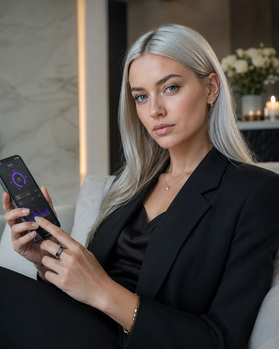 BioRing Horizon próximo ao smartphone com aplicativo de saúde e gráficos biométricos.