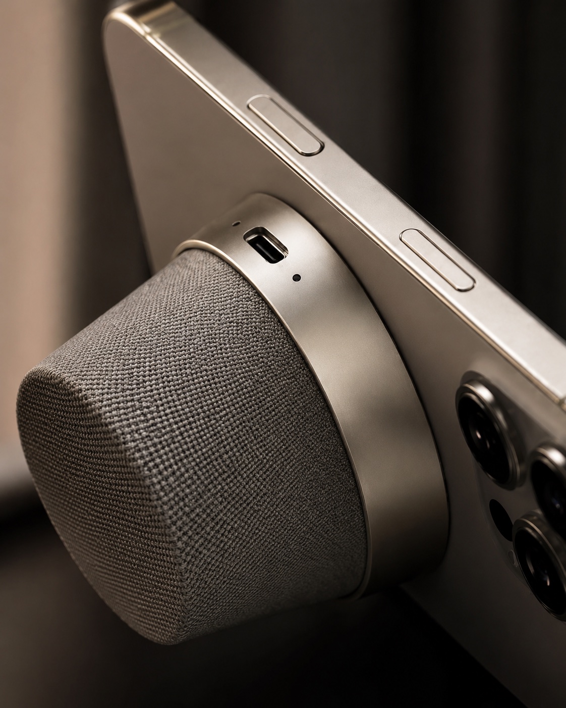 Macro do LCMD Capsule Speaker acoplado magneticamente ao smartphone.