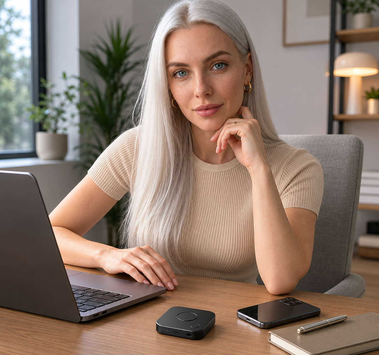 Ambiente executivo premium com tecnologia LCMD sobre a mesa de trabalho.