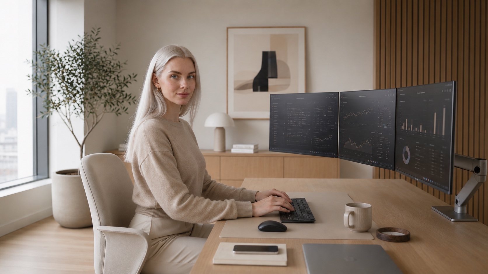 Ambiente corporativo com alinhamento postural impecável durante trabalho em mesa executiva.